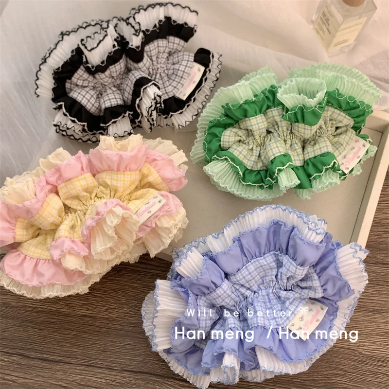 2024 Plaid Patchwork Chiffon Laced Double-layer Large Scrunchie Lolita Girls Korean Oversized Pleated Hair Ties Women Headdress