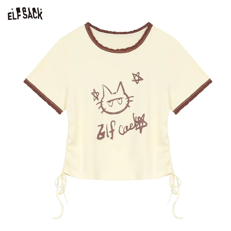 ELFSACK 2025 Summer New Arrivals Letter Printed Short Sleeve Chic T-Shirt For Women