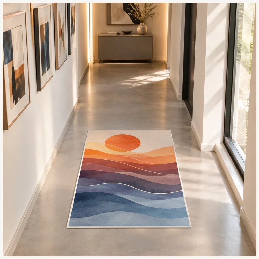 VIKAMA Abstract Desert Sunset Door Mat, Modern Non Slip Flannel Rug, Gallery Style Floor Mat for Pantry, Cloakroom, Hallway