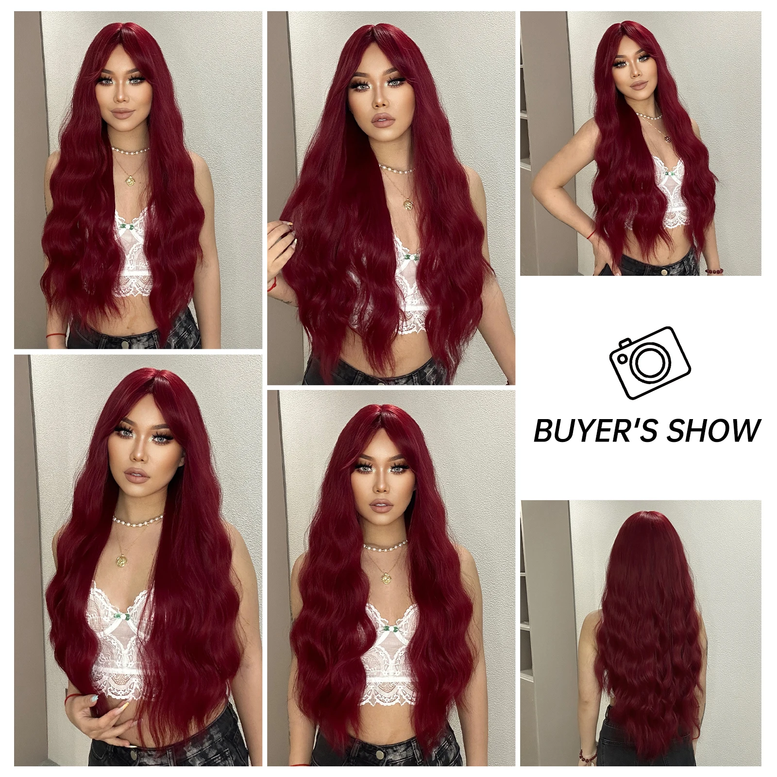 Wig Sintetis Panjang Keriting Warna Anggur Merah Anggur dengan Poni Panjang untuk Wanita Rambut Alami Pesta Cosplay Gelombang Dalam Afro Anti Panas