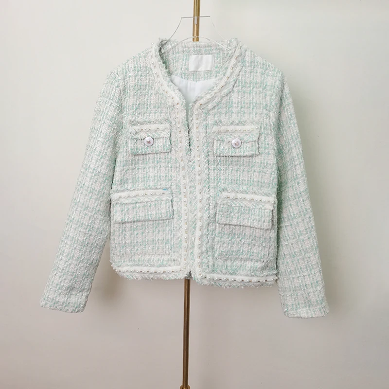

2024 Fall Winter Women Small Fragrance Tweed Jacket Coat Fashion Beading O-Neck Long Sleeve Woolen Office OL Vintage Outerwear