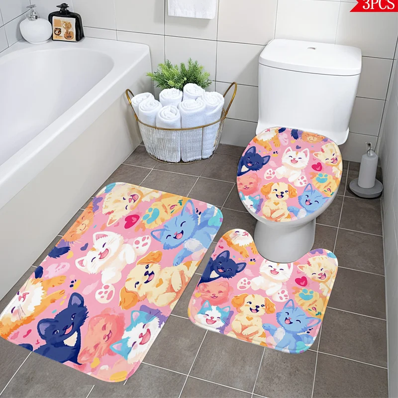 Cute Puppy Kitty Bath Set Three Piece Mat Toilet Lid Cover and U Shaped Rug Soft Non Slip Machine Washable for Bathroom Decor