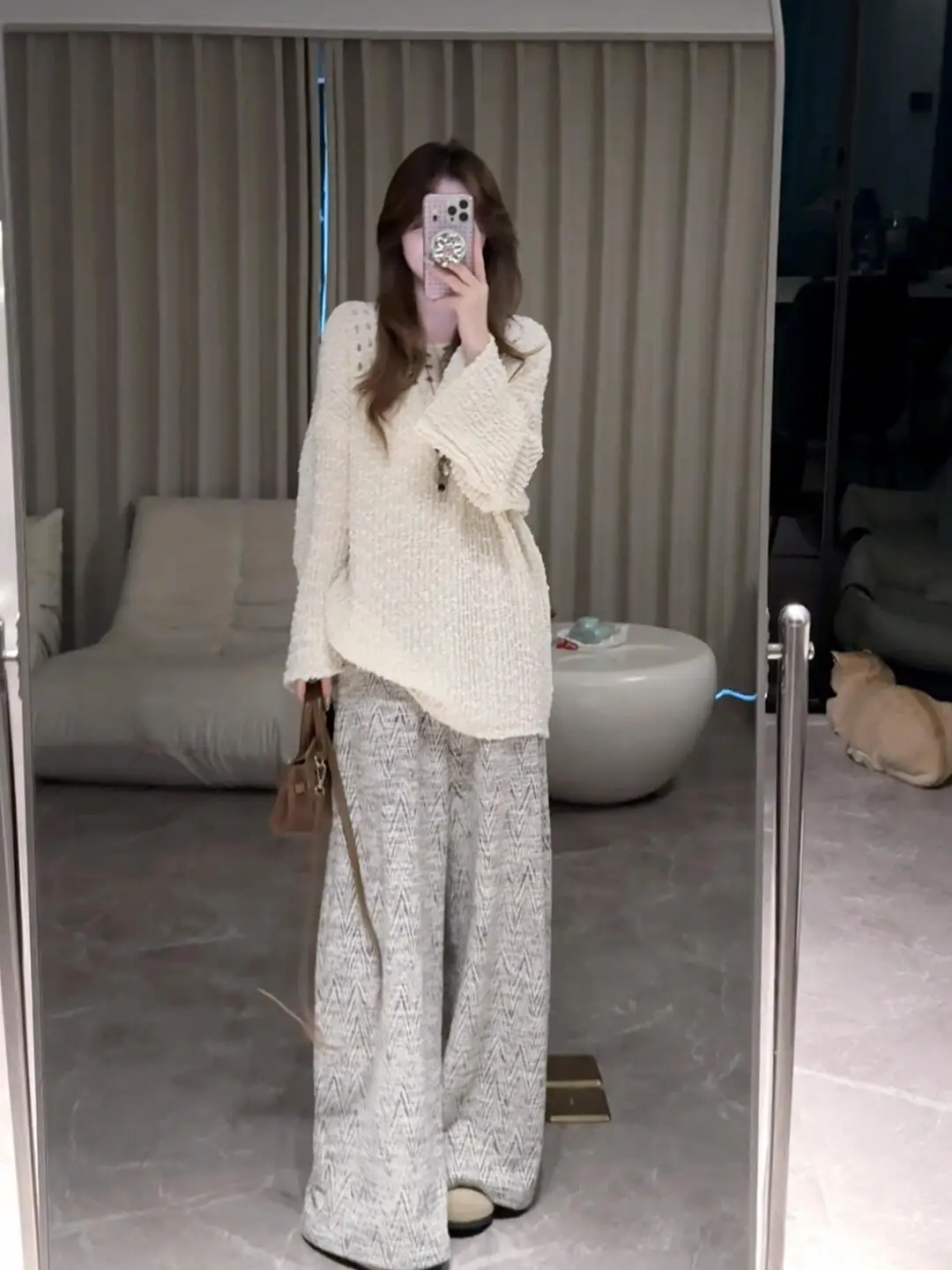 

2025 Early Autumn New Korean Style Loose Knitted Hollow out Top Wide Leg Pants Set Women's Fashionable Casual Outfit