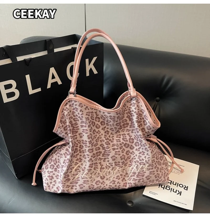CEEKAY Women's Tote Bag Light Pink Leopard Print Large Shoulder Handbag Letter Embroidery Drawstring Detail Daily Casual Sweet - view 4