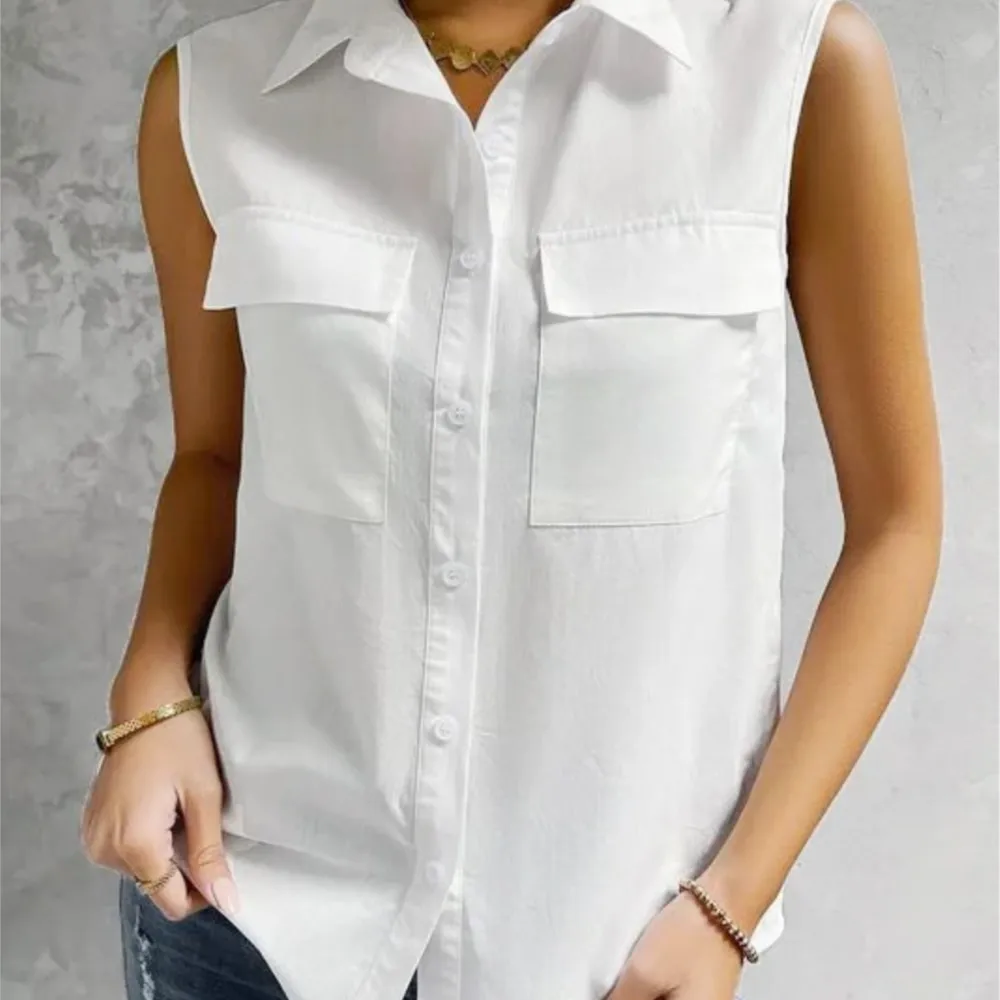 2026 Summer White Sleeveless Lapel Shirt Solid Color Pocket Office Lady Casual Elegant Shirts & Blouses For Women Fashion Tops
