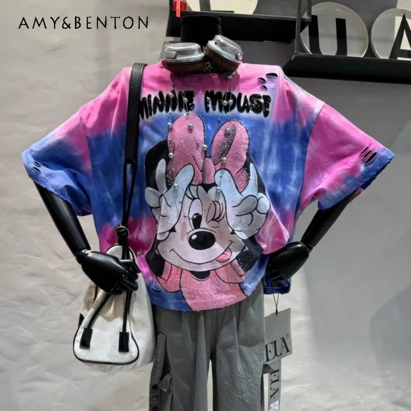 

Heavy Industry Tie-dye Printed Bead Alphabet Cartoon T-Shirt Women's Spring Summer New Loose Fashion Design Short Sleeves Tees