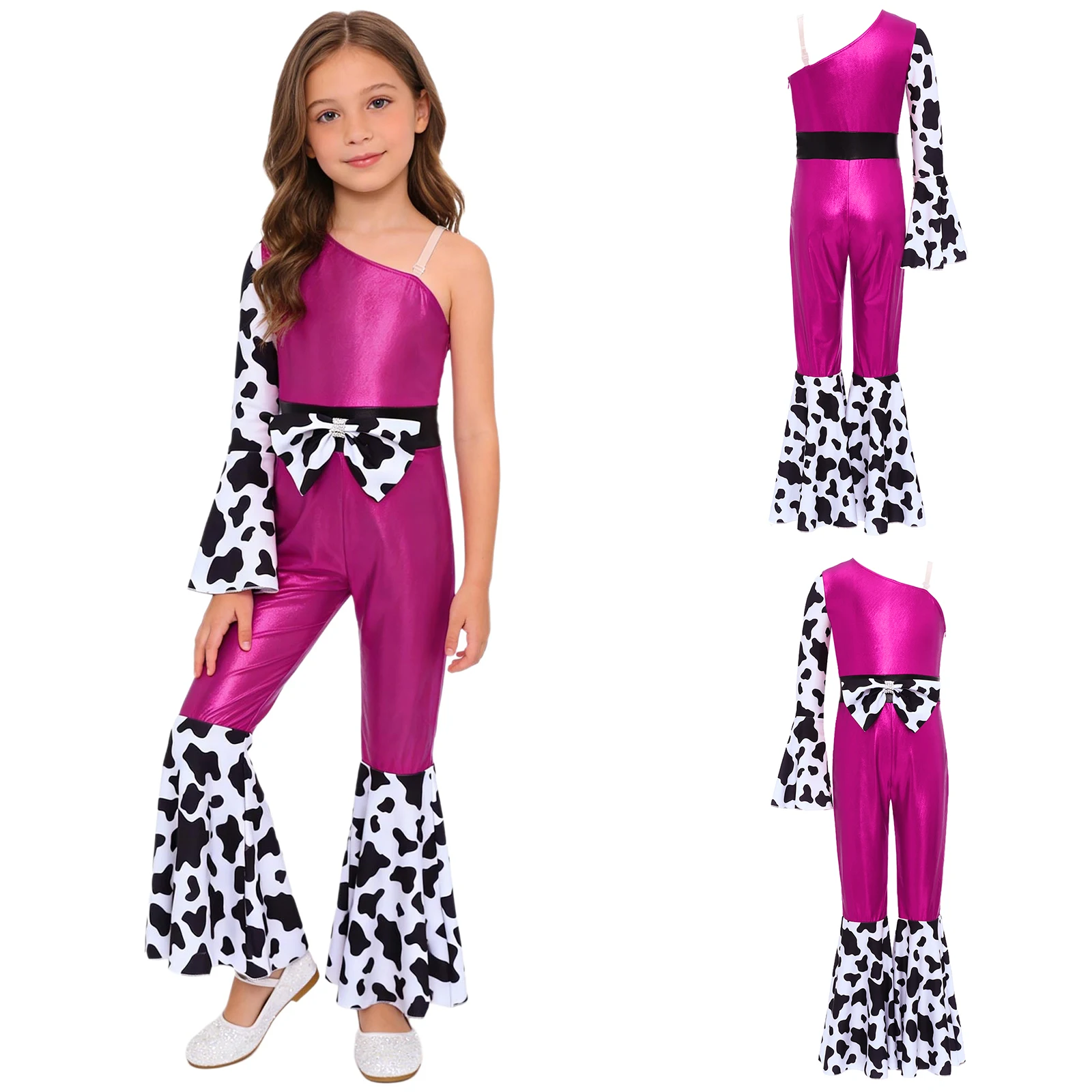Girls Halloween Carnival Western Cowgirl 70s Disco Hippie Cosplay Costume One Sleeve Metallic Gloss Cow Print Flare Jumpsuit view 2