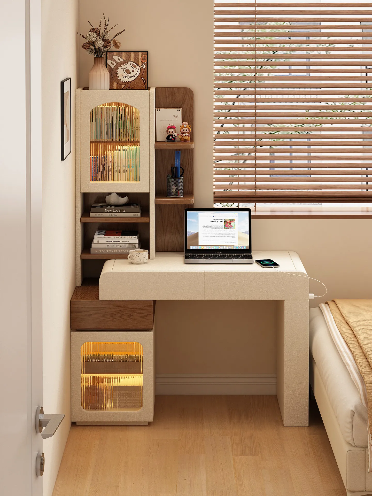 Light luxury advanced sense telescopic combination desk bookcase integrated bedroom end of bed computer desk office