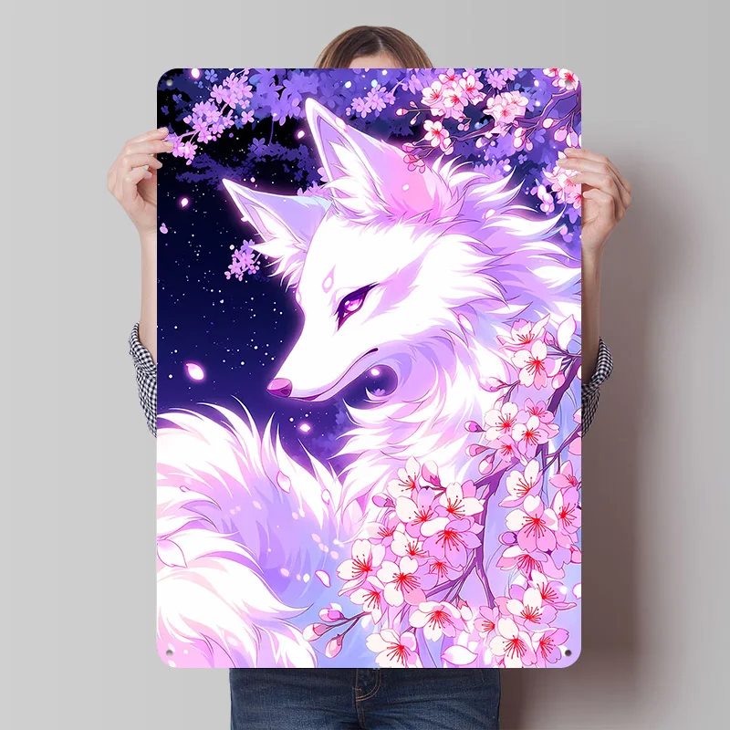 Weißer Fuchs mit Kirschblüten Druckposter, personalisierte Retro-Wandkunst, Vintage-Metallschilder für Männerhöhle, Bürodekoration, Haus
