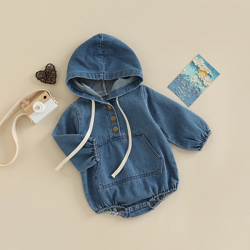 Newborn Baby Denim Bodysuit Infant Boys Girls Fall Hooded Romper Long Sleeve Button Front Solid Color Short Jumpsuit For 0-24M