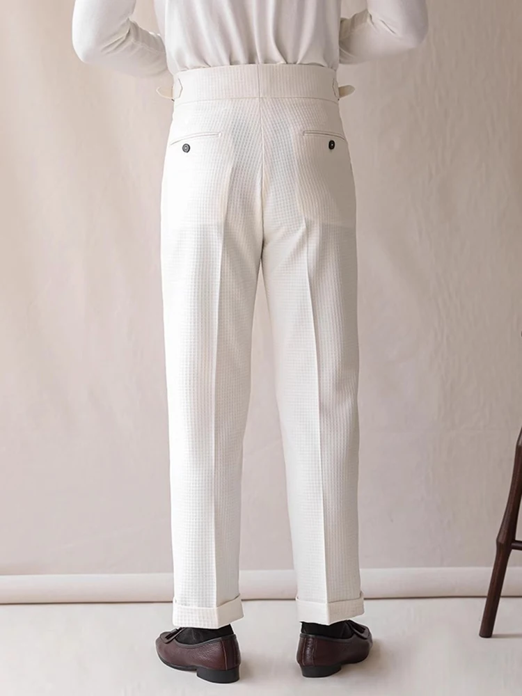 Męskie spodnie w stylu vintage z teksturą waflowej, na wiosnę i jesień, codzienne, casualowe, jednolite, garniturowe, modne, plisowane, proste.