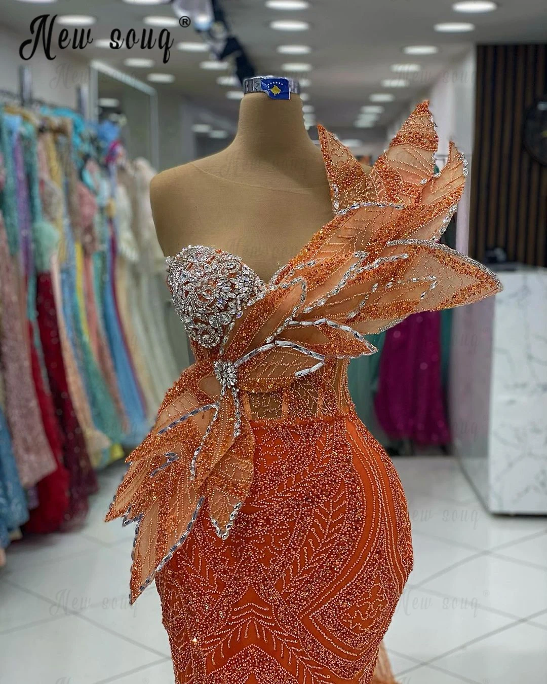 Abendkleider Women Orange Evening Dresses 3D Leaf Appliqued Wedding Event Gowns Luxury Beaded  Vestidos De Fiesta Birthday Wear