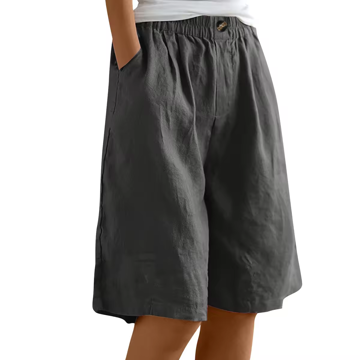 Weibliche Mode Einfarbig Elastische Hohe Taille Tasche Button Up Lose Baumwolle Leinen Fünf Länge Shorts Sommer Weichen Komfort Hosen