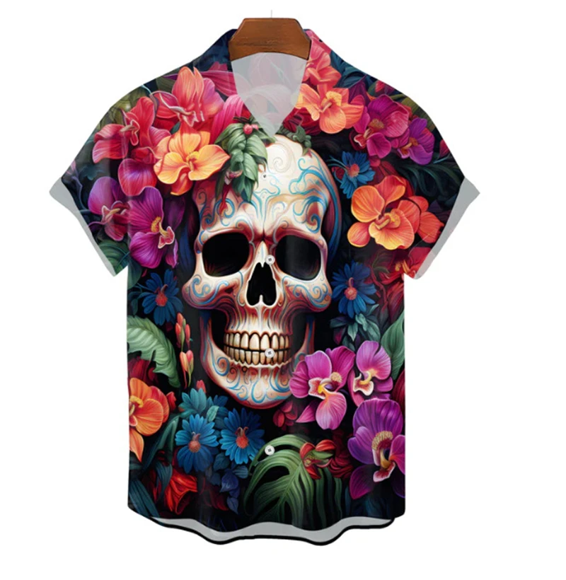 New Vintage Skull 3d Printed Shirt Men's Breathable Shirt Summer Cool Button Shirts Men's Hawaiian Short Sleeve Party Shirt Tops