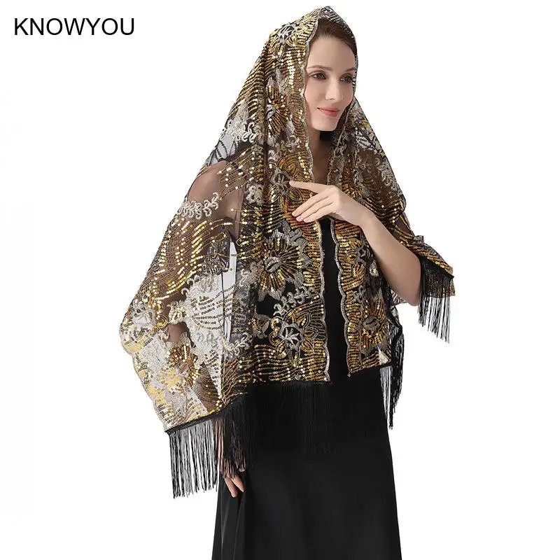Evening Dress Wedding Shawl Ethic Style Headscarf Luxury Sequined Shrug Wraps Scarf Tassel Bridal Bolero Cape Mariage Shrug