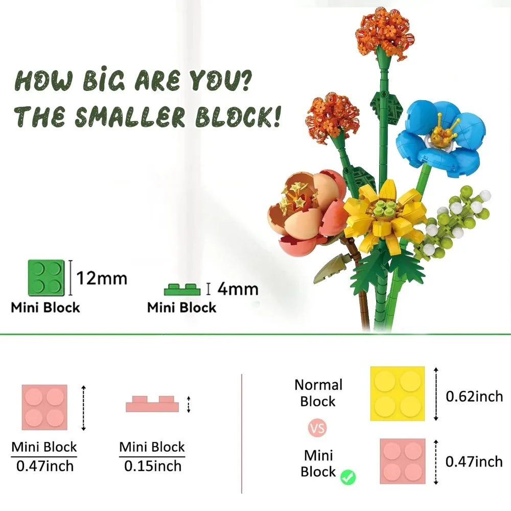 Kit de construção de flores para adultos, conjunto de blocos de construção de flores de 633 peças, mini tijolo de construção de flores artificiais para coleção botânica