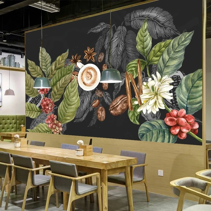 

Custom Wall Cloth Modern Hand Drawn Coffee Leaves Photo Murals Wallpaper Cafe Restaurant Hotel Background 3D Pegatinas De Pared