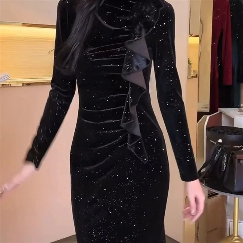 Advanced Ladies Long Sleeves Vestidos French Female Light Luxury Velvet  Long Dresses Spring Autumn Women Solid Color Maxi Dress