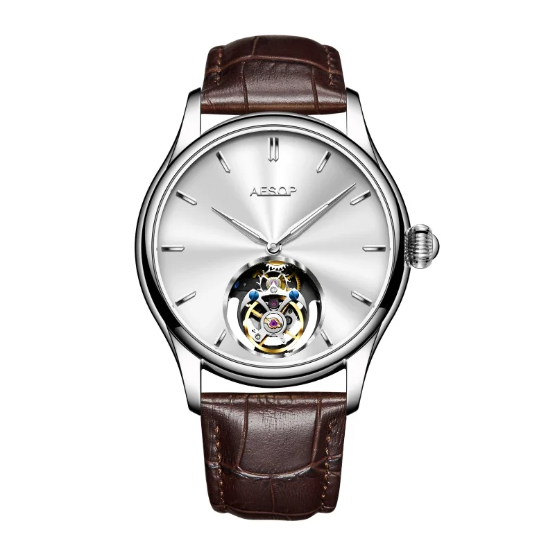 AESOP 100 Tourbillon Mechanical Skeleton Watch for Men Silver Steel Belt Fashion Mens Watches Manual Waterproof 2022