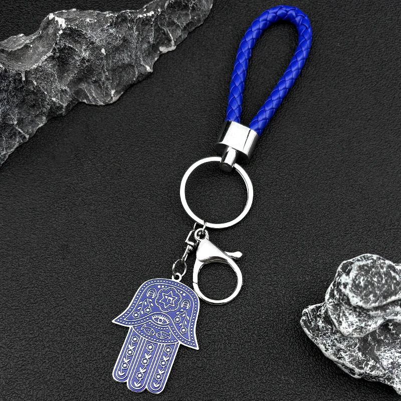 Hebrew Judaism Hexagram Jewish Hamsa Hand Fish Eyes Key Chain Stainless Steel Blue Color David Star Hand of Fatima Jewelry view 5