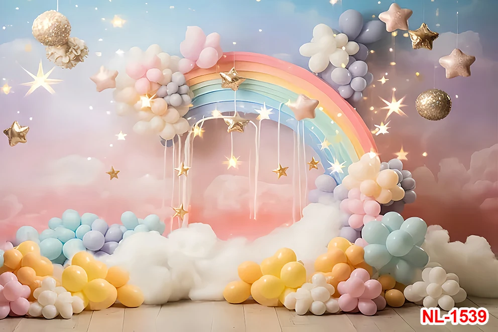Toile de fond de photographie arc-en-ciel pour enfants, ballons colorés, petites étoiles scintillantes, décor de fête d'anniversaire Smash Cake