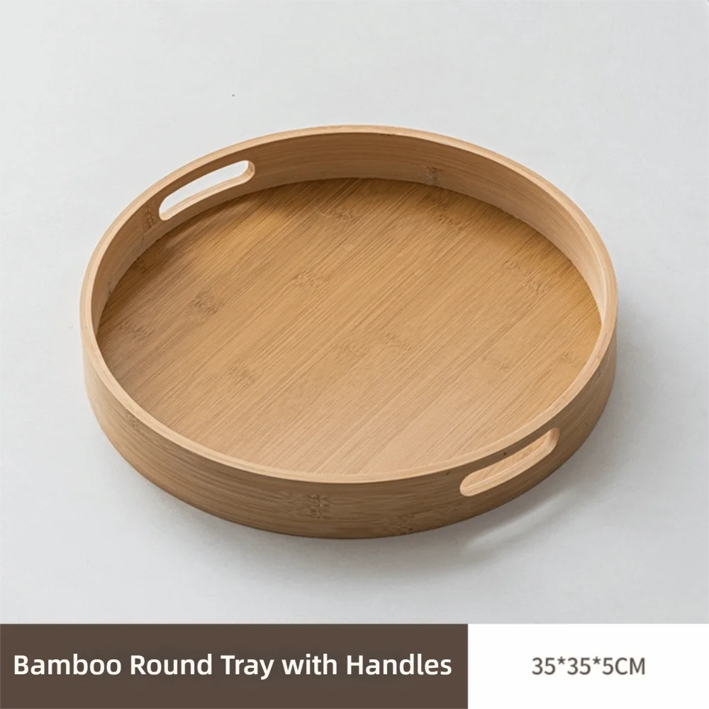 New Round Wood Tray Wooden With Handle Tea Food Tray 25/30/35/40CM Serving Tray Breakfast Dinner