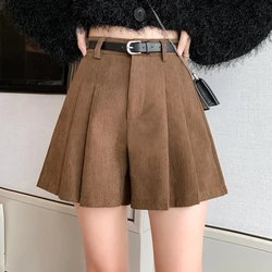 New Fashion High Waist A-line Pleated Shorts Skirts Women 2023 Autumn Winter Corduroy Wide-leg Shorts Woman Casual Shorts