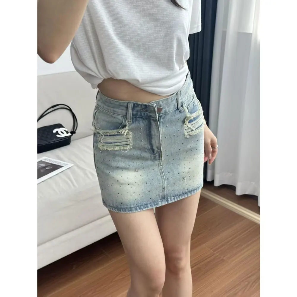 

Starry Hot Rhinestone Denim Skirt for Women Summer New Retro Slimming a-Line Sheath Denim Skirt