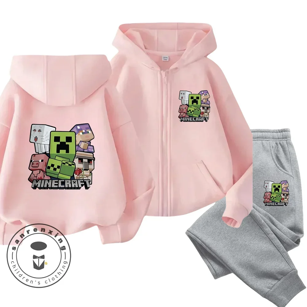 Minecraft Children Spring Spring Net Red Printed Zipper Hoodie + Pants 3-14 Years Old Boys and Girls Set Children\'s Clothing