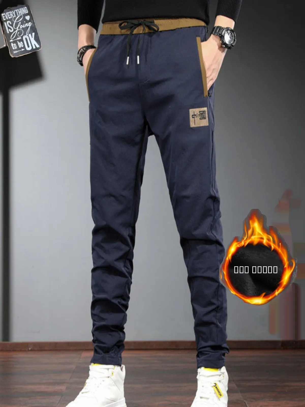 

Men's Faionable Casual Pants Autumn Winter Fce Lined Slim Fit Straight Leg Sports Long Trousers Embroidered Trendy Stree...