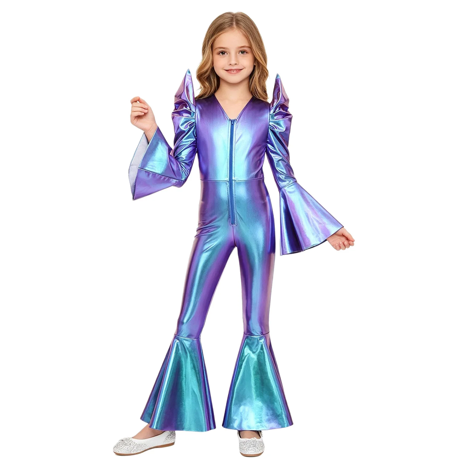 

Kids Girls Jumpsuit Shiny Metallic Disco Long Sleeves High Waist Front Zip Bell Bottom Hippie Romper Halloween Costume