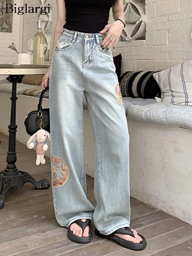 

Jeans Spring Summer Chinese Style Embroidery Pant Women Loose Wide Leg Fashion Ladies Trousers High Waist Woman Long Pants