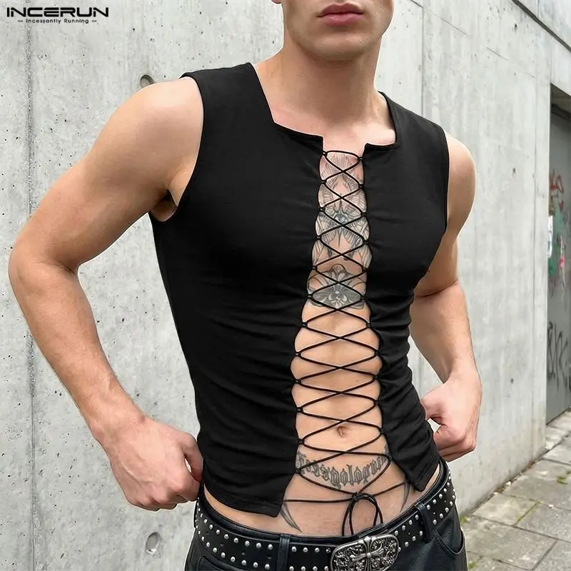 INCERUN Herren Tanktops Einfarbig Ärmellos Ausgeschnitten mit Schnürung Sexy Sommer 2026 Party Mode Herrenbekleidung Oberteile