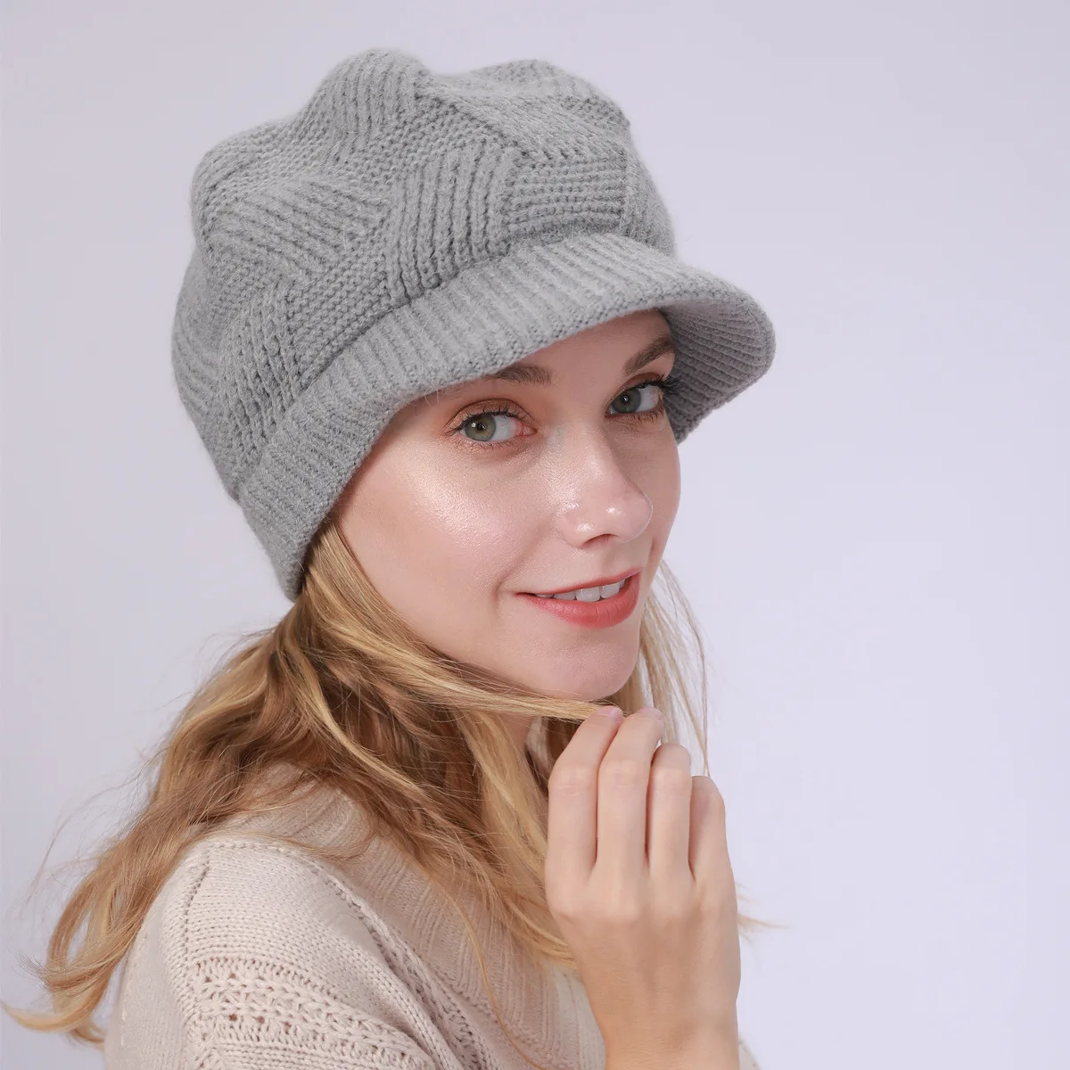 Women Winter Warm Fleece Lined Slouchy Skull Beanie Visor Cap Knitted Newsboy Hats Ladies Cold Weather Snow Hat Brimmed 3