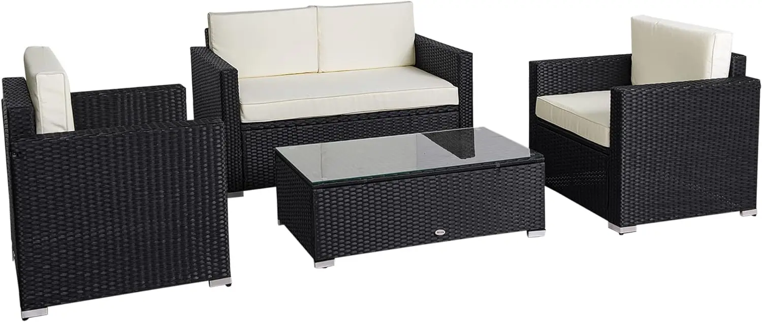 4 Piece Wicker Patio Furniture Set with Cushions, Outdoor Sectional Furniture with 2 Sofa, Loveseat, and Glass Top Coffee Table