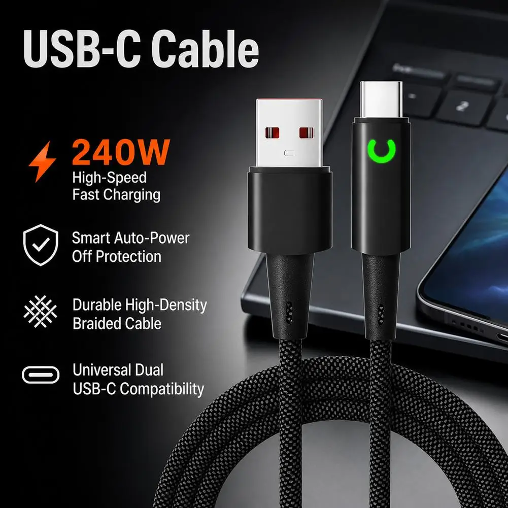 Auto Power Off 240W Fast Charging Data Cable Dual Type-C Anti-break Tail LED Light for iPhone Xiaomi Samsung Charging Cord