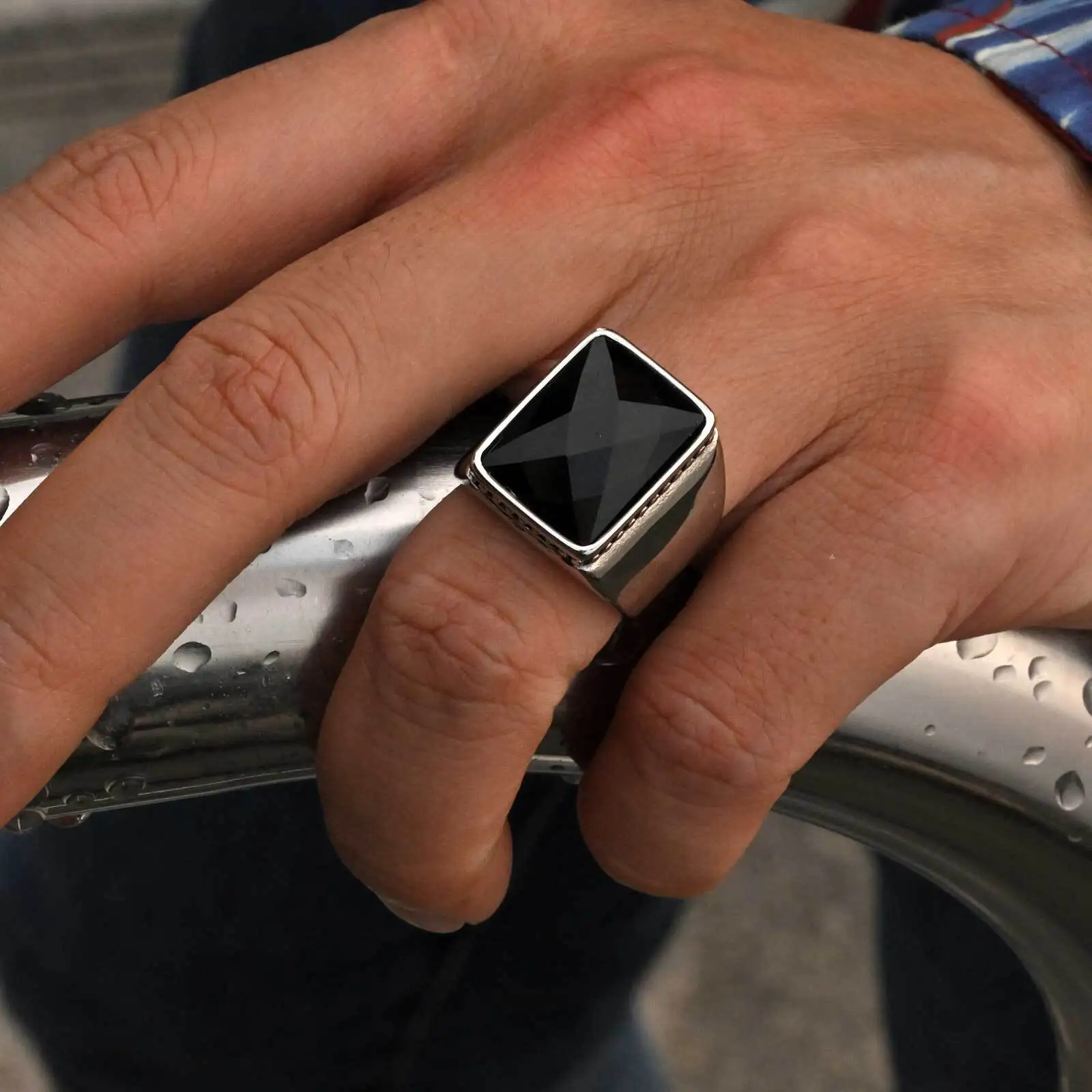 Vnox خاتم زجاجي متعدد الأوجه من الفولاذ المقاوم للصدأ لون فضي مقاس 7-12، خاتم سيجنت هندسي مقاوم للماء للرجال والأولاد، هدية مجوهرات بسيطة #4