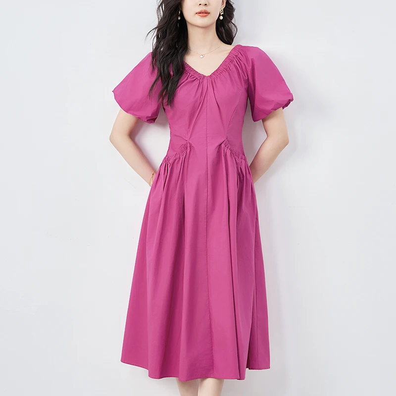 

Summer Dresses For Women 2024 Elegant Fashion V-neck Short Sleeve Vintage Dress High Waist 100% Cotton Woman Long Dress A-line