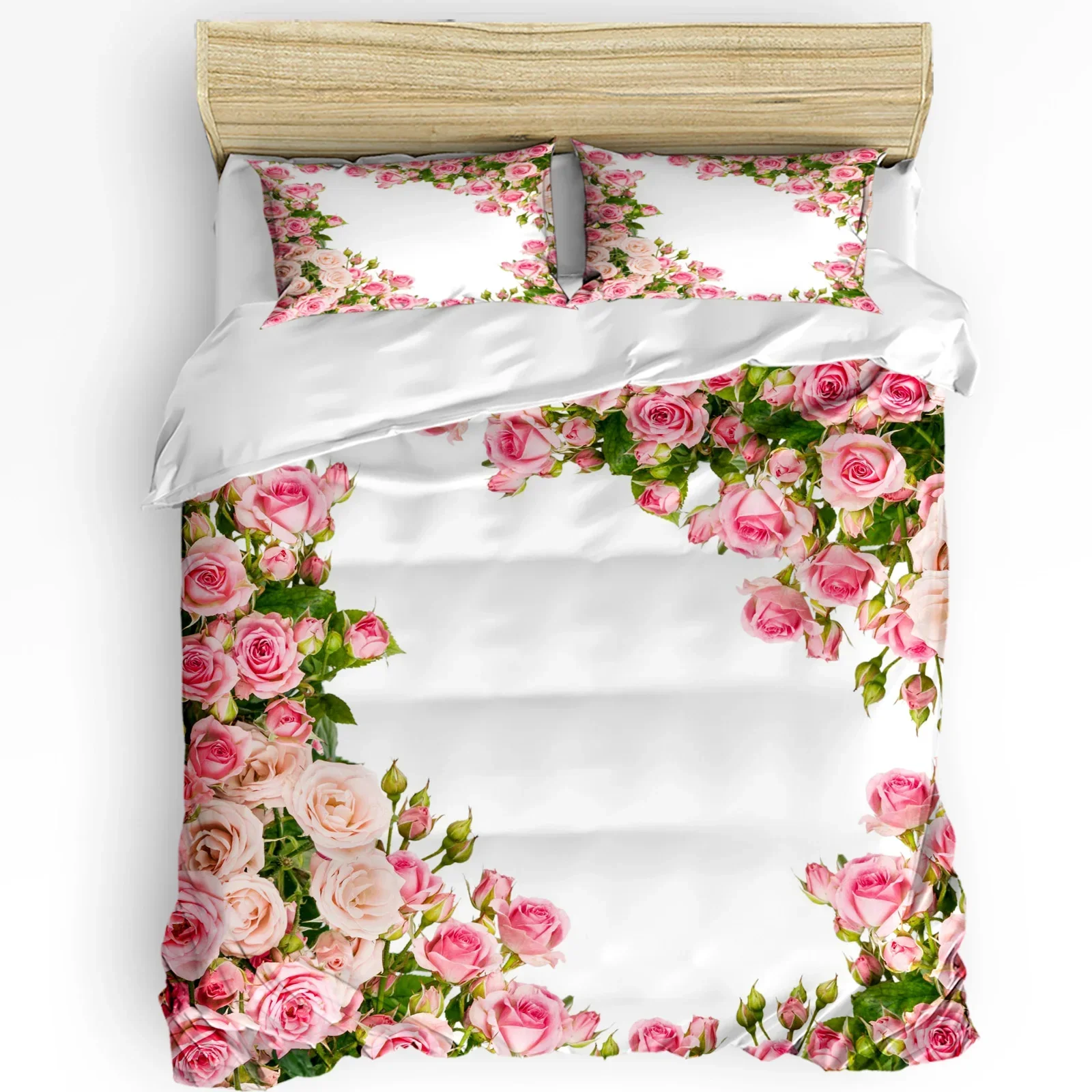 Pink Rose Flower Bouquet White Bedding Set 3pcs Duvet Cover Pillowcase Kids Adult Quilt Cover Double Bed Set Home Textile