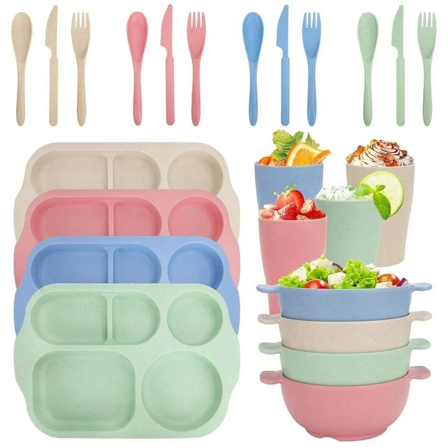 

Dinnerware Sets For 4 People, 24pcs Divided Plates And Bowls, Reusable Dinnerware Plastic Plates, Cups, Bowls, Cutlery Set For