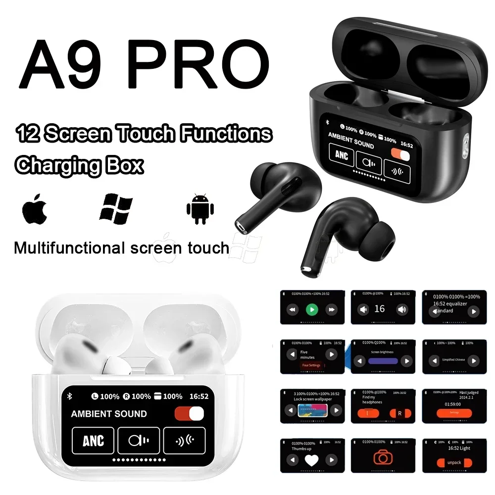 A9 PRO 12 Screen Touch Functions Charging Box TWS Bluetooth Headphones Wireless Earphones With Microphone 9D Stereo Earbuds