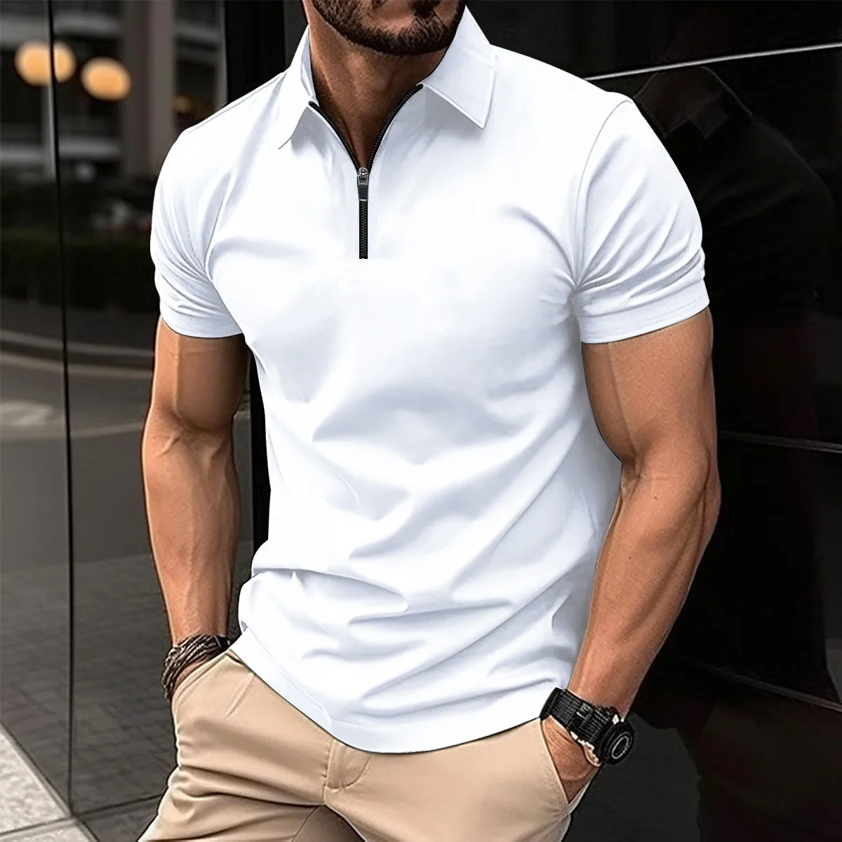 Summer new men\'s casual lapel short-sleeved T-shirt zipper solid color men\'s sports polo shirt