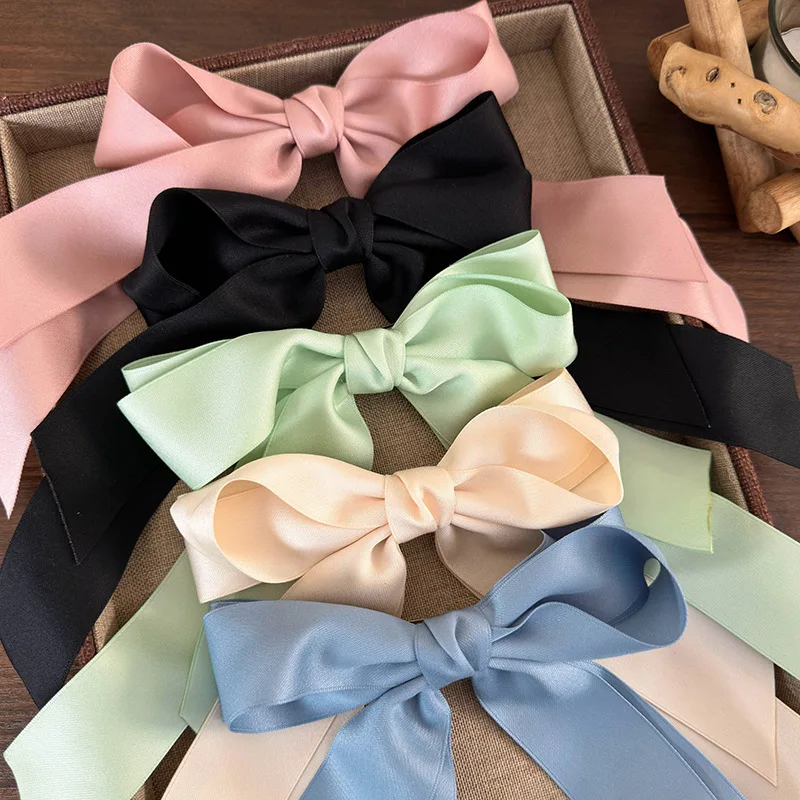 2024 Korean Dopamine Style Mint Green Large Bow Ribbon Hair Clips fashion bowknot Tassels Hair Accessories Headwear 1pc