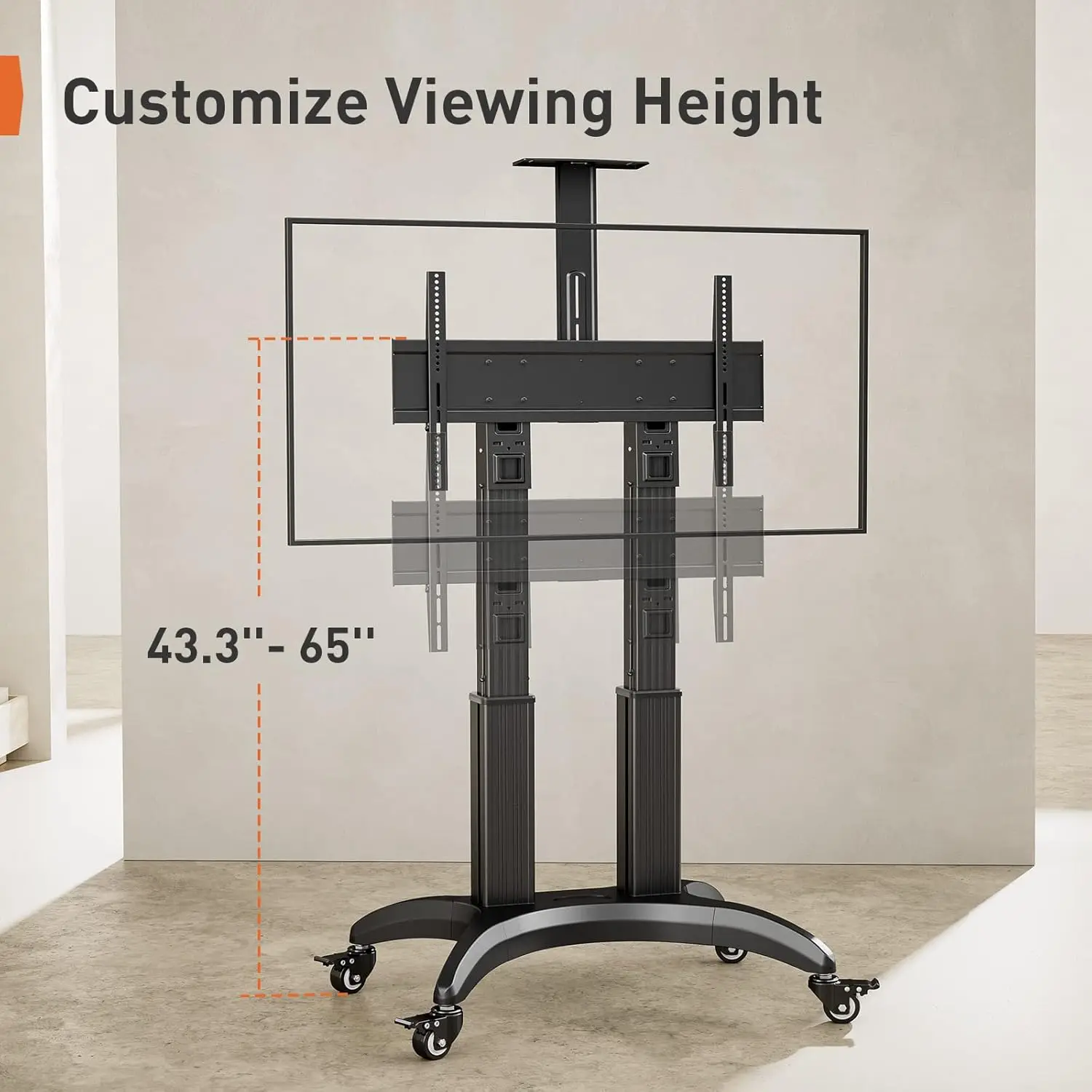 Mobiler TV-Ständer, rollender TV-Wagen für 55–90 Zoll flache oder gebogene Fernseher bis zu 125 Pfund, robuster Boden-TV-Ständer aus Aluminium, verstellbar