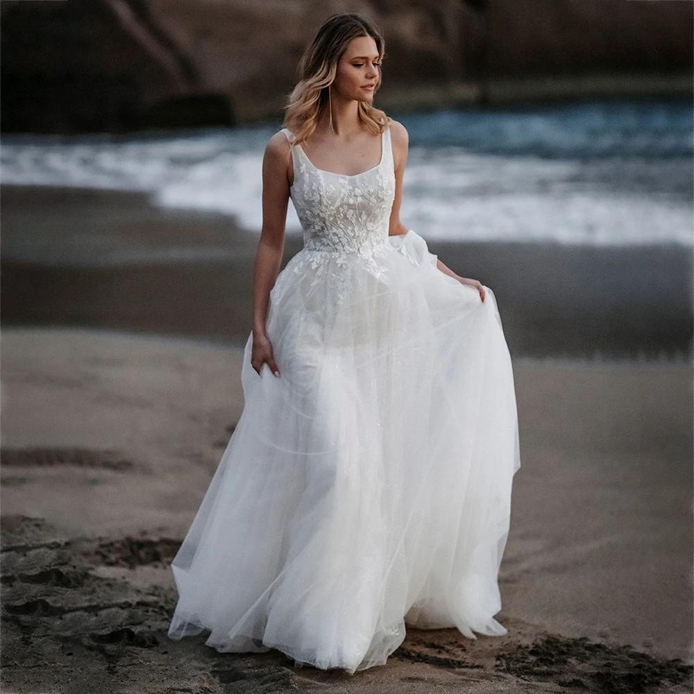 Weilinsha-Robes de mariée A-Line, Boho, Blanc, Tulle brillant, Quel que soit le dos nu, Appliques en dentelle, Mariée bohème, 2022