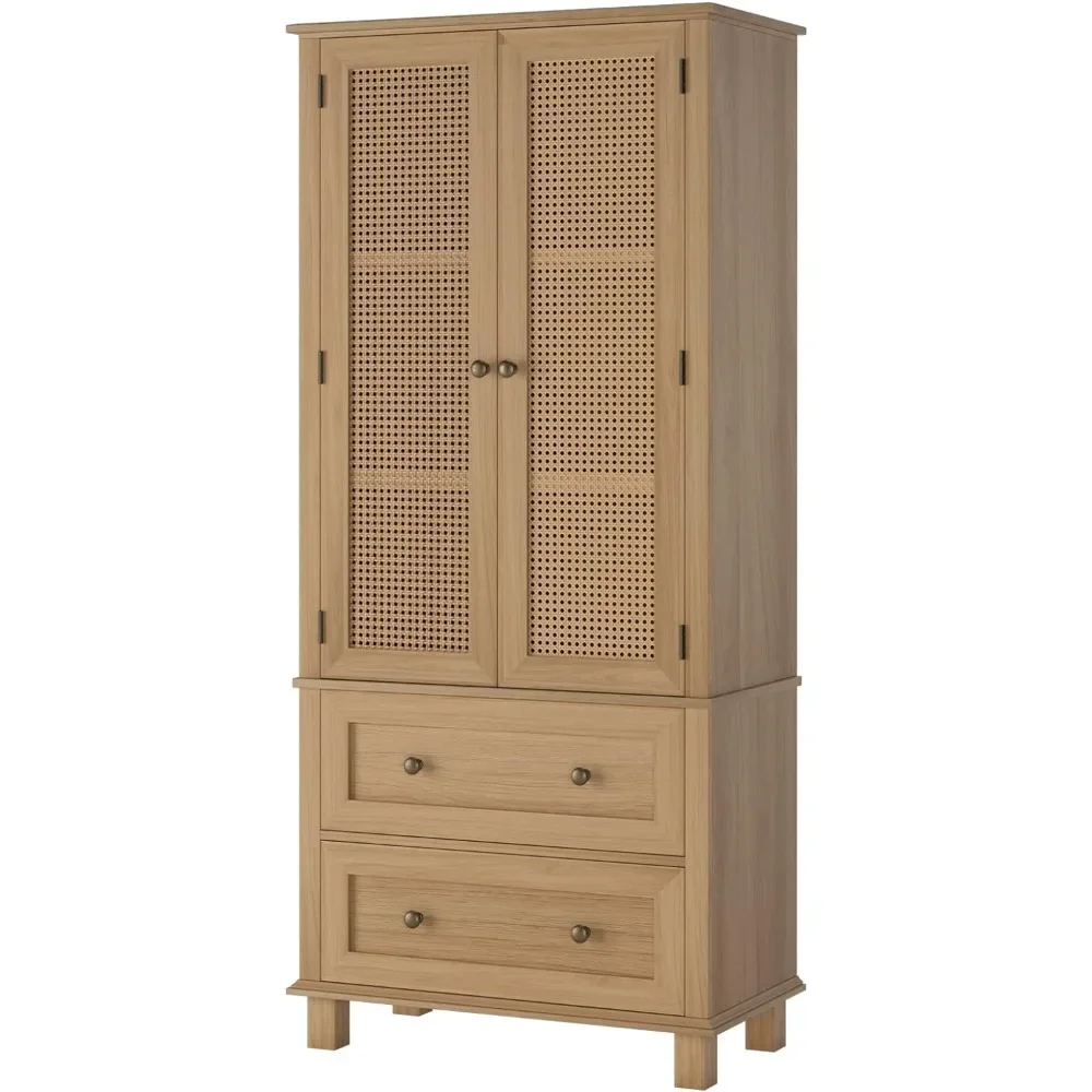 

Kitchen Pantry Storage Cabinet, Tall Cabinet with Rattan Doors and 2 Drawers, Freestanding Cupboard with Adjustable