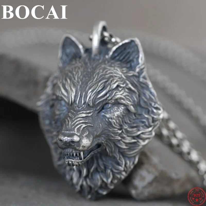 

BOCAI 100% S925 Sterling Silver Pendant Handmade Wolf Head Three Dimensional Relief Punk Pure Argentum Amulet For Men And Women