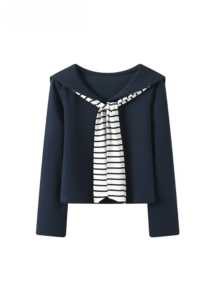 

Faionable Long Sve Navy Collar T-irt Women's plus Size Spring New Sle College Sle Age Reduction Casual Top