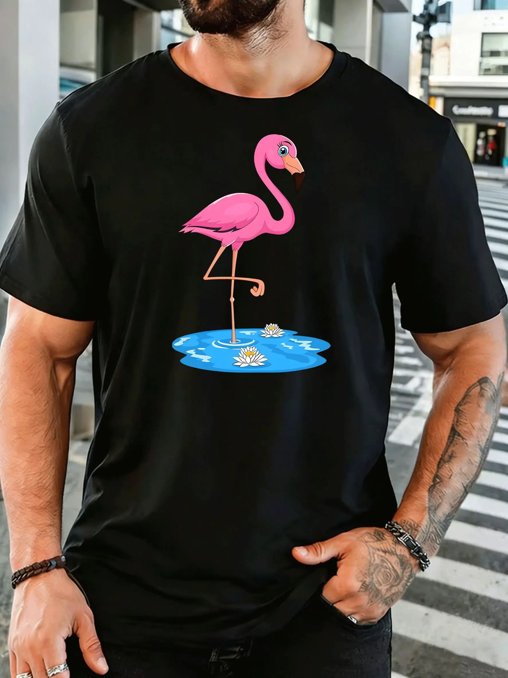 Camiseta de manga corta para hombre, con un diseño adorable de un flamenco rosa, estampado con motivos acuáticos, ideal para el verano, confeccionada en algodón suave, de estilo informal y urbano, para hombres adultos.