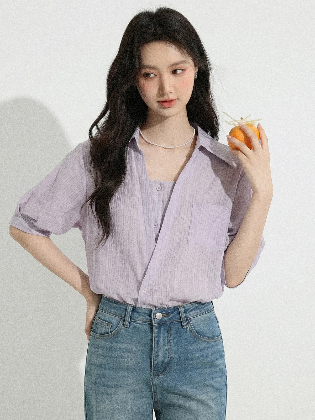 

Свободный женский топ фиолетового цвета с коротким рукавом, стильный дизайн, эффект стройности, дышащий, комфортный, модный, летняя новинка